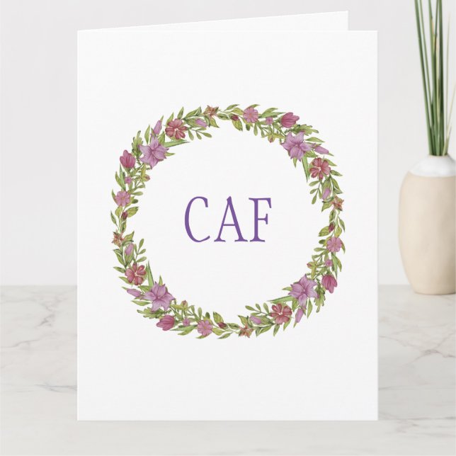 Tarjeta de nota de corona floral con monograma (Anverso)