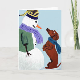 Tarjeta de nota de Dachshund y muñeco de nieve