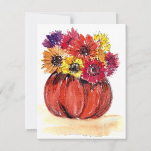 Tarjeta de nota de flores de calabaza en blanco co