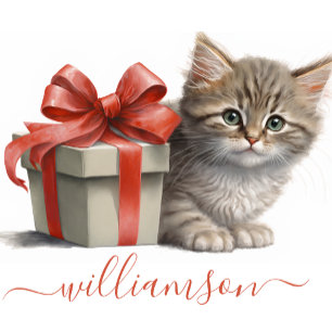 Tarjeta de nota de gatito con cinta roja de acuare