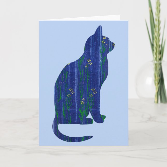 Tarjeta de nota de gato azul floral sobre arte azu (Anverso)