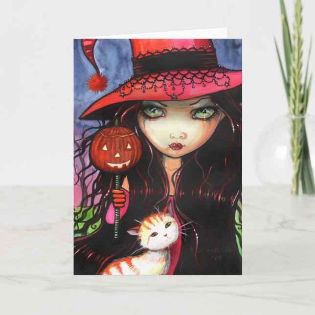 Tarjeta de nota de gato bruja gótica de Halloween (Anverso)