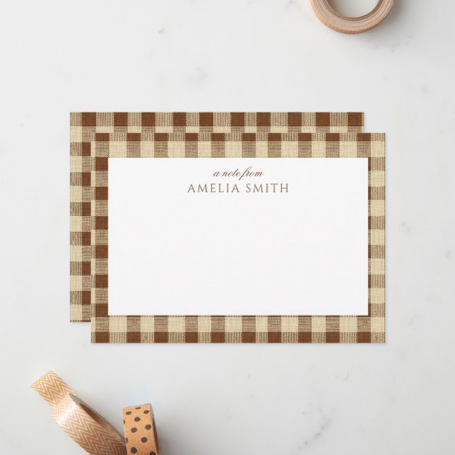 Tarjeta de nota de gingham de café marrón personal (Anverso/Reverso In Situ)