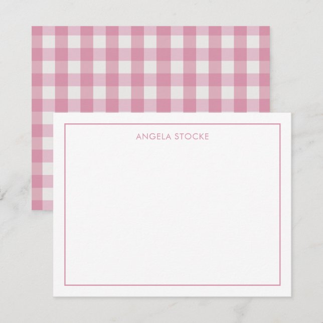 Tarjeta de nota de gingham rosa con nombre persona (Anverso / Reverso)
