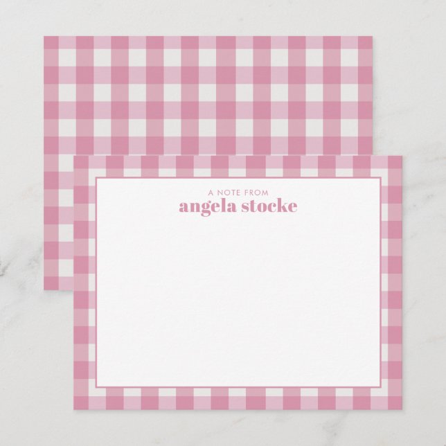 Tarjeta de nota de gingham rosa personalizada (Anverso / Reverso)