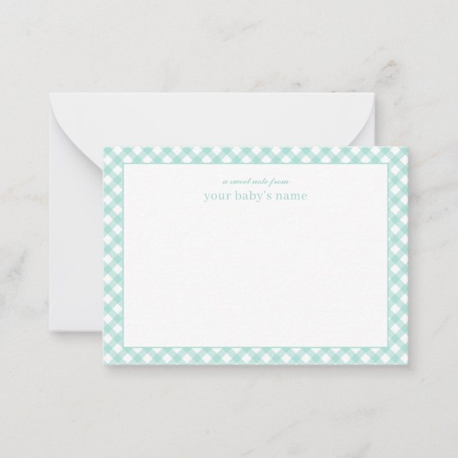 Tarjeta de nota de guardería de bebé con gingham d (Anverso)