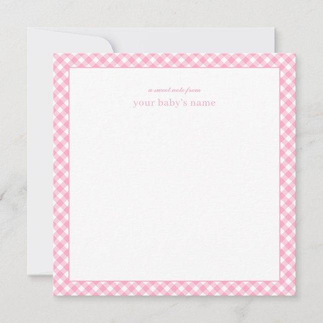 Tarjeta de nota de guardería de bebé de gingham ro (Anverso)