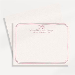 Tarjeta de nota de guardería de lazo rosa retro ca
