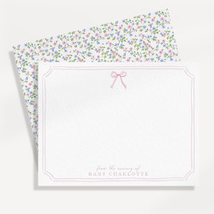 Tarjeta de nota de guardería floral con lazo rosa