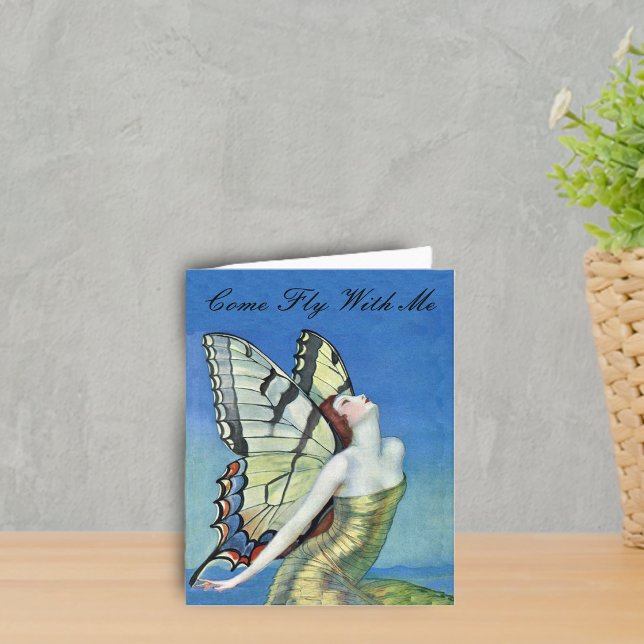 Tarjeta de nota de hada mariposa dorada (Pretty red haired fairy gold dress monarch butterfly wings blue sky on notecard.)