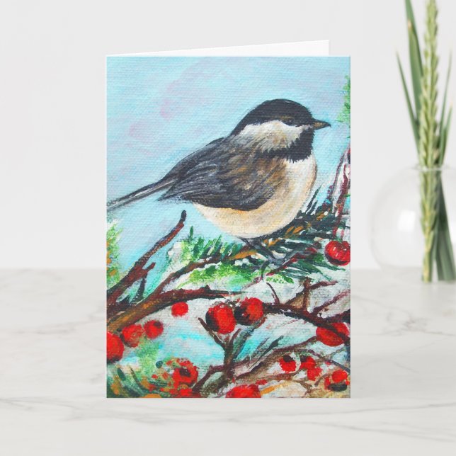 Tarjeta de nota de invierno Cute Chickadee Red Ber (Anverso)