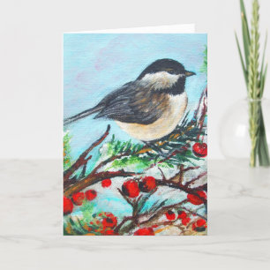 Tarjeta de nota de invierno Cute Chickadee Red Ber