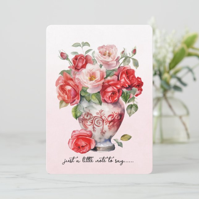Tarjeta de nota de jarrón de rosas rojas (Anverso de pie)