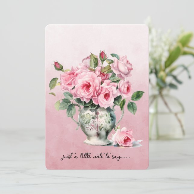 Tarjeta de nota de jarrón de rosas rosadas (Anverso de pie)