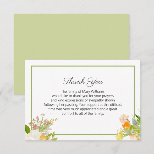 Tarjeta de nota de la familia de funerales florale (Anverso / Reverso)
