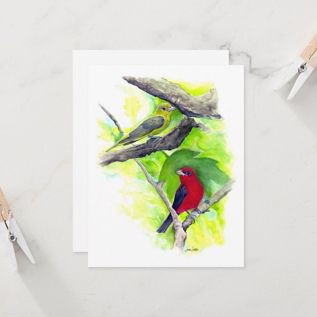 Tarjeta de nota de la pareja Scarlet Tanager (Scarlet Tanager Couple In Tree Watercolor Blank Note Cards from Jenn Steffen Art)