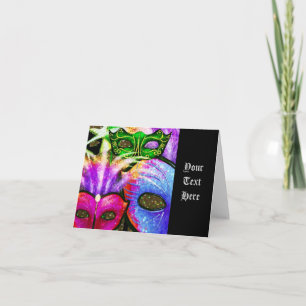 Tarjeta de nota de máscaras coloridas de Mardi Gra