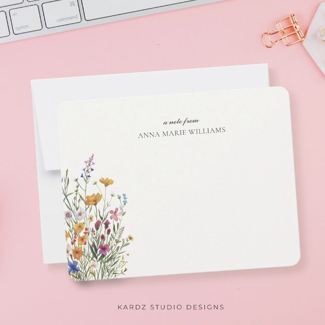 Tarjeta de nota de Moda del Boho floral elegante y (Elegant chic note cards with a neat off-white background, personalize with your name.)