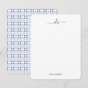 Tarjeta de nota de Monograma Azul y Blanco Francés
