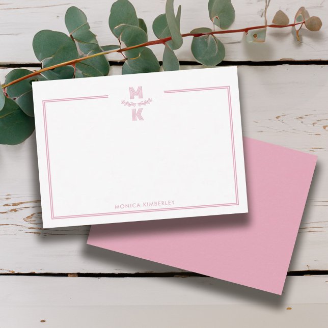 Tarjeta de nota de monograma con borde rosa minima (Minimalist Blush Pink Border Monogram Note Card)