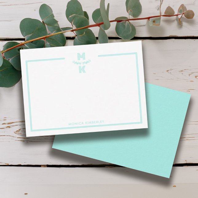 Tarjeta de nota de monograma de dos bordes de colo (Minimalist Teal Two Border Monogram Note Card)