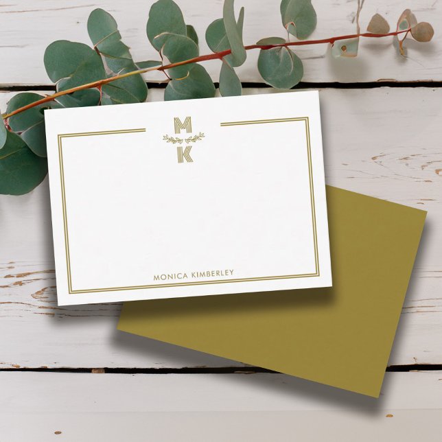 Tarjeta de nota de monograma de dos bordes de oro  (Minimalist Gold Two Border Monogram Note Card)