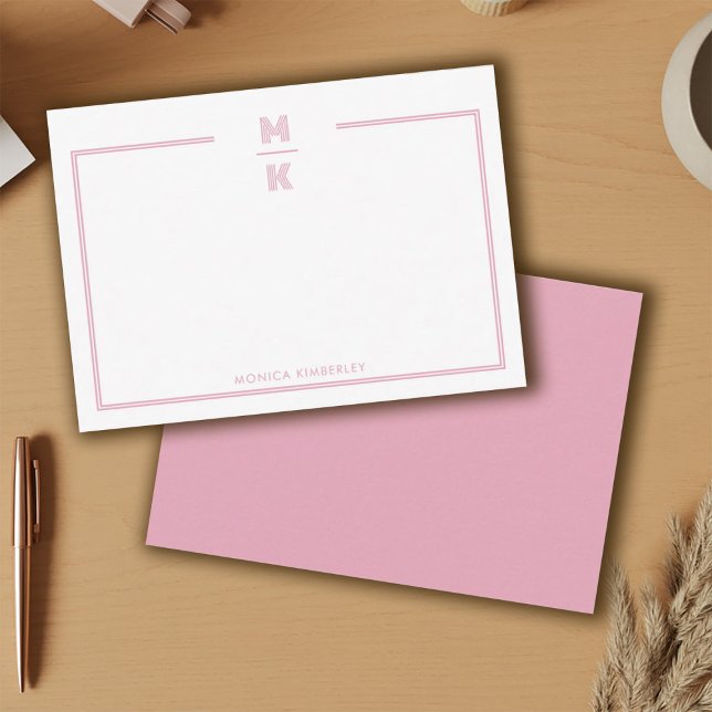Tarjeta de nota de monograma de dos bordes Minimal (Minimalist Blush Two Border Monogram Note Card)