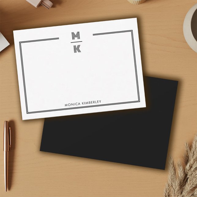 Tarjeta de nota de monograma de dos bordes negra m (Minimalist Black Two Border Monogram Note Card)