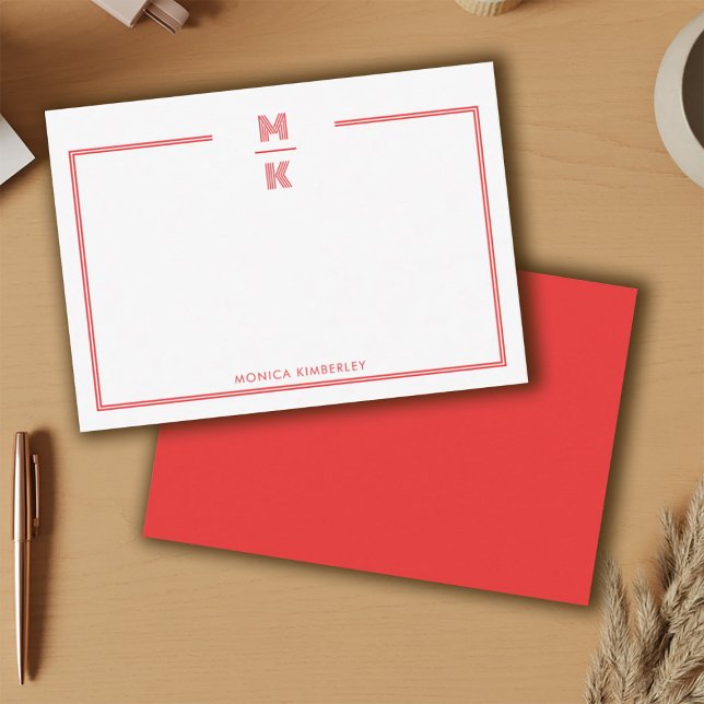 Tarjeta de nota de monograma de dos bordes rojos m (Minimalist Red Two Border Monogram Note Card)