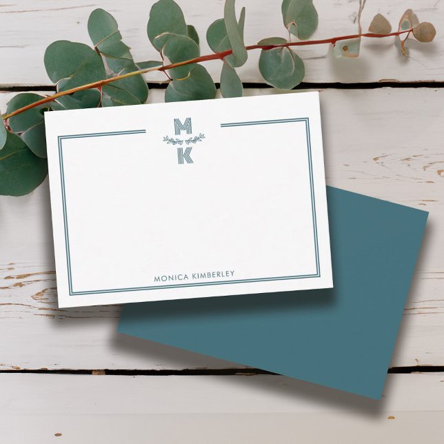 Tarjeta de nota de monograma de dos bordes verde m (Minimalist Green Two Border Monogram Note Card)