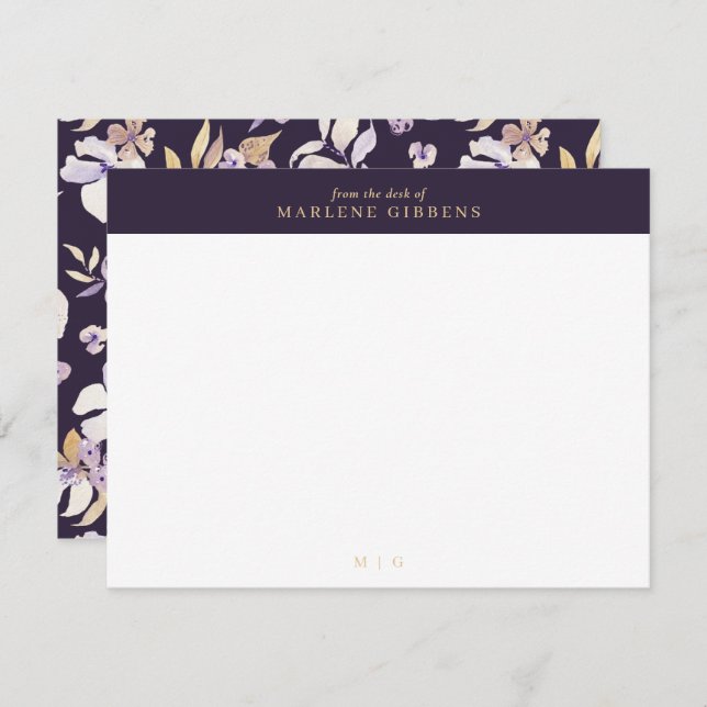 Tarjeta de nota de monograma dorado floral morado  (Anverso / Reverso)