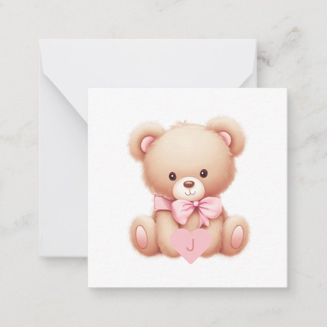 Tarjeta de nota de monograma rosa del oso (Anverso)