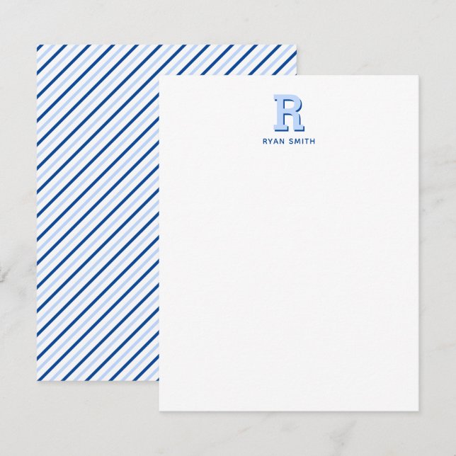 Tarjeta de nota de monograma y raya Preppy (Anverso / Reverso)