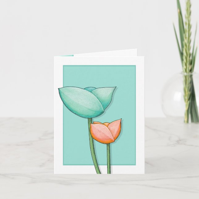 Tarjeta de nota de naranja verde azulado de flores (Anverso)