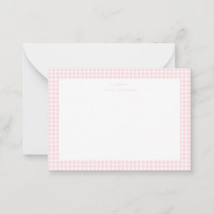 Tarjeta de nota de niña de cuadros rosados y blanc