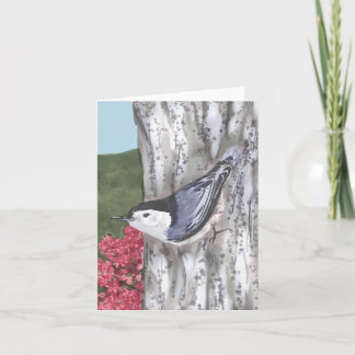Tarjeta de nota de nuthatch y flor rosa con pechos