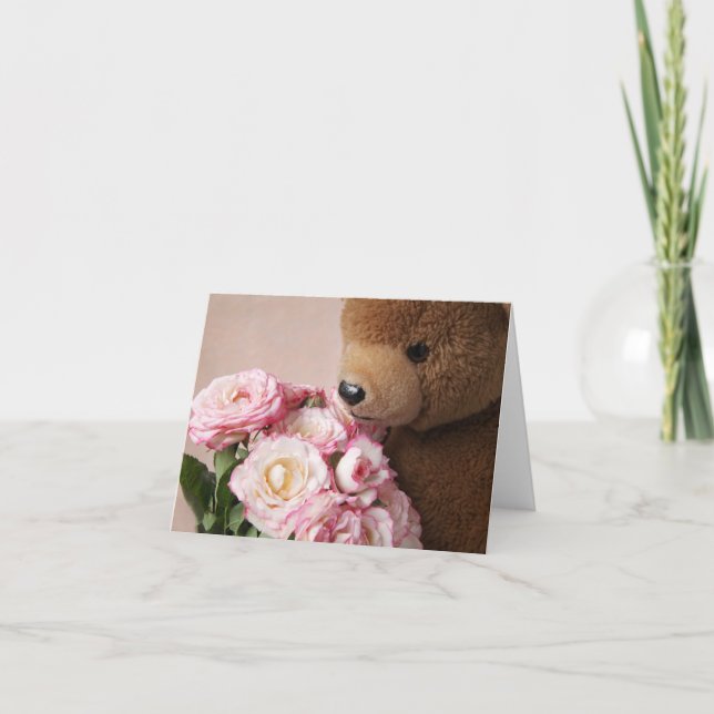 tarjeta de nota de oso oliendo rosas (Anverso)
