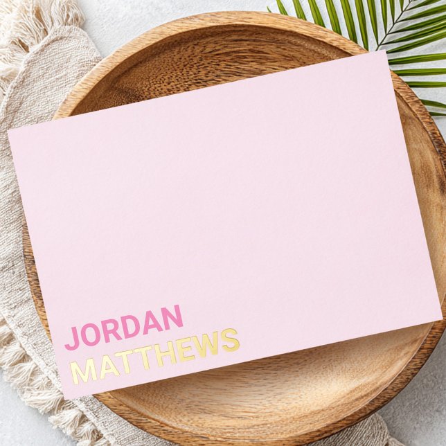 Tarjeta de nota de papel de aluminio real plateado (Minimal name silver gold real foil pink note card)