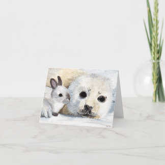 Tarjeta de nota de pintura de cubo de foca y conej