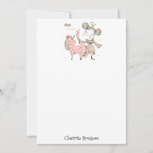 Tarjeta de nota de princesa rosa de unicornio (Anverso)