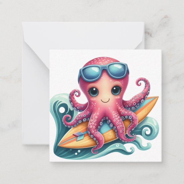 Tarjeta de nota de pulpo surfeando (Anverso)