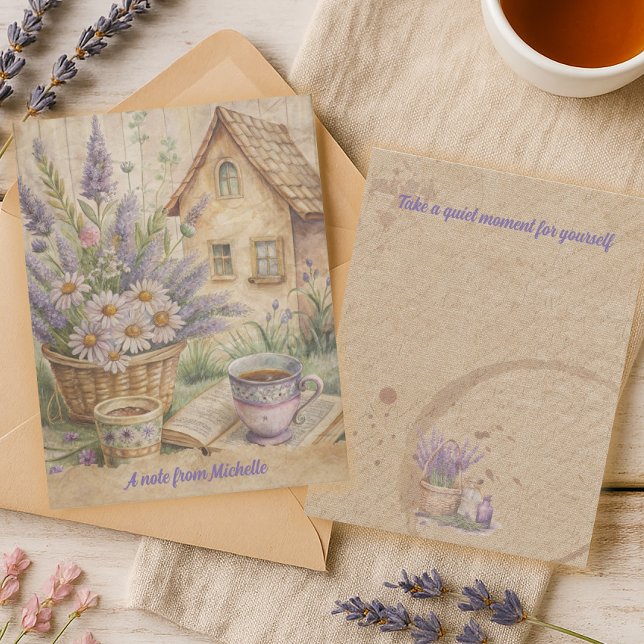 Tarjeta de nota de Té de Lavanda Flores Silvestres (Cottage core lavender and watercolor floral note card)