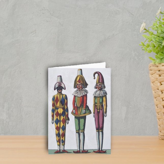Tarjeta de nota de tres bufones (Three Dolls in colourful Jester outfits with hats on grey notecards.)