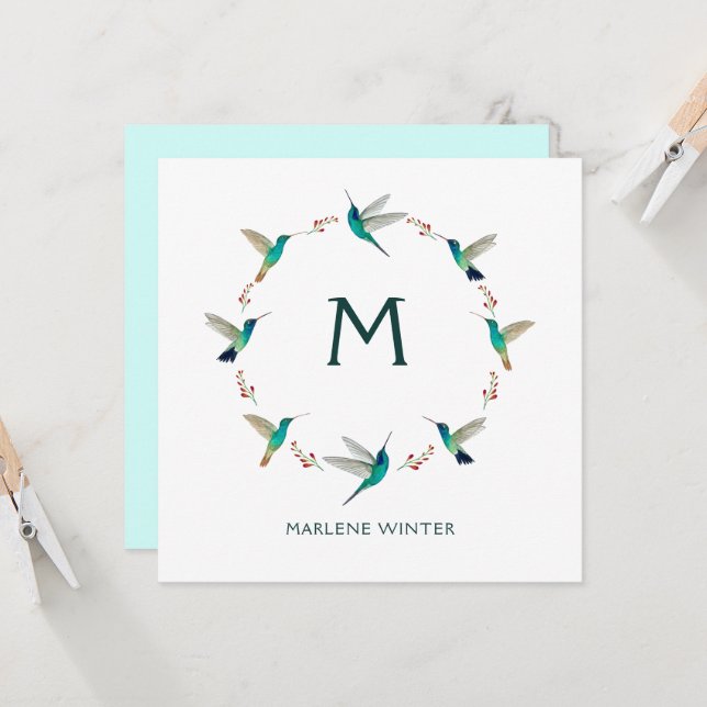 Tarjeta de nota del colibrí monograma personalizad (Anverso/Reverso In Situ)