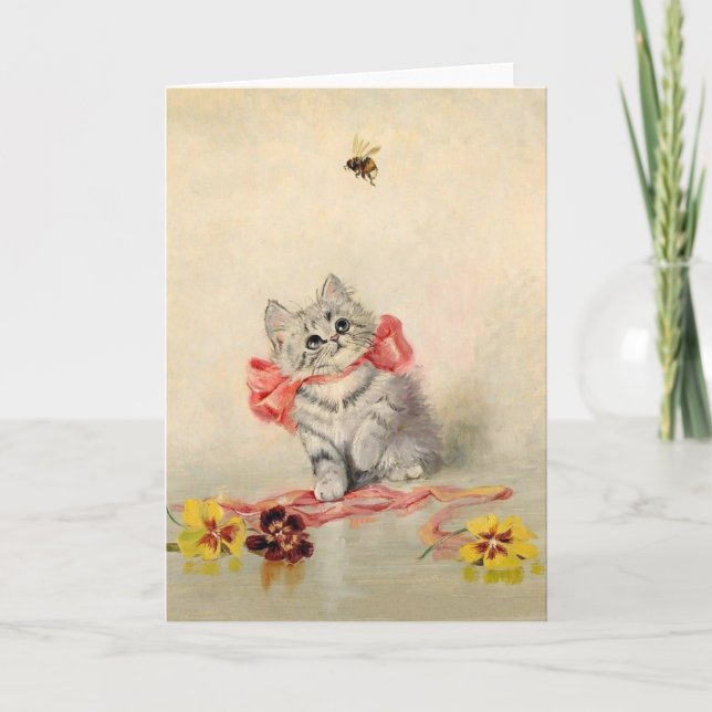 Tarjeta de nota del gatito y de la abeja del (Anverso)