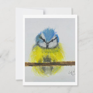 Tarjeta de nota del pájaro azul amarillo Arte orig