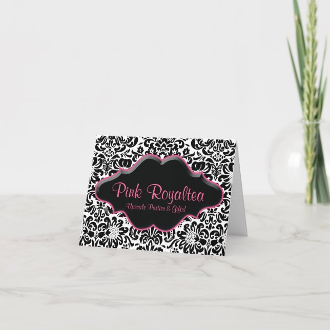 Tarjeta de nota del salón Damask Black White Pink (Anverso)