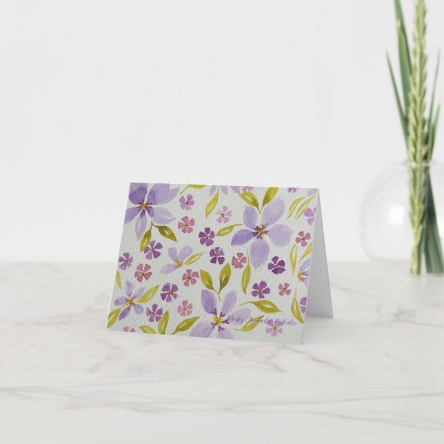 Tarjeta de nota/deseos floral lila doblada (Anverso)