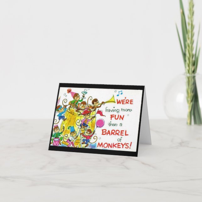 Tarjeta de nota divertida sobre el barril de monos (Anverso)
