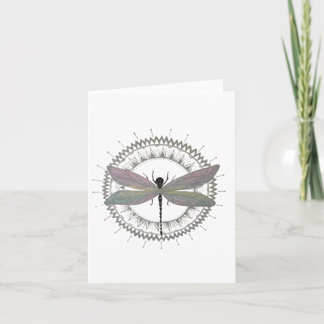 Tarjeta de nota doblada de Dragonfly Mandala (Anverso)